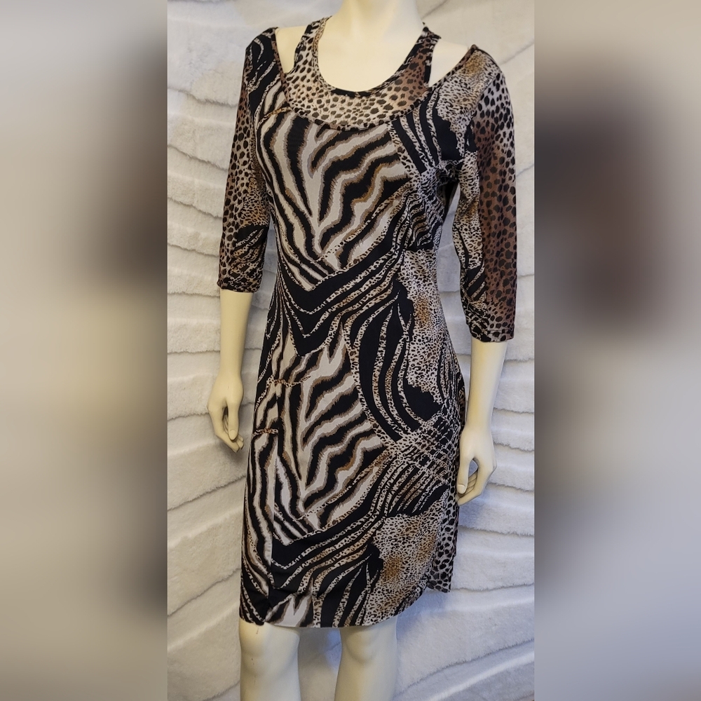 Merchant Mesh Animal Print Cold Shoulder Sheer Stretch Lined Dress Women  M/L